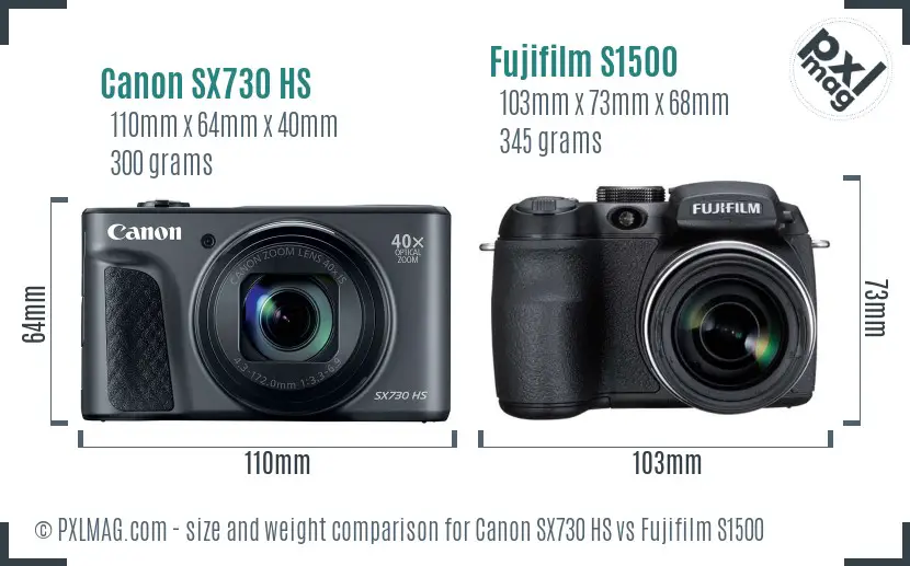Canon SX730 HS vs Fujifilm S1500 size comparison