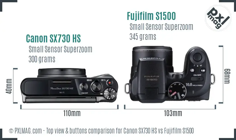 Canon SX730 HS vs Fujifilm S1500 top view buttons comparison