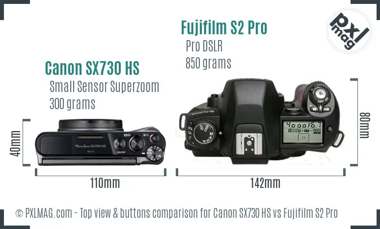 Canon SX730 HS vs Fujifilm S2 Pro top view buttons comparison