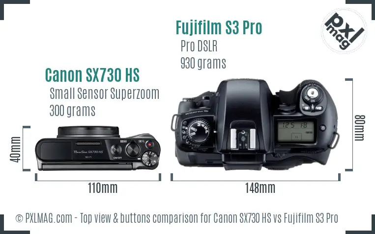 Canon SX730 HS vs Fujifilm S3 Pro top view buttons comparison Canon SX730 HS vs Fujifilm S3 Pro top view buttons comparison