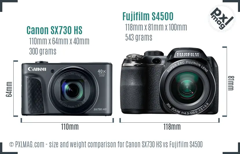 Canon SX730 HS vs Fujifilm S4500 size comparison