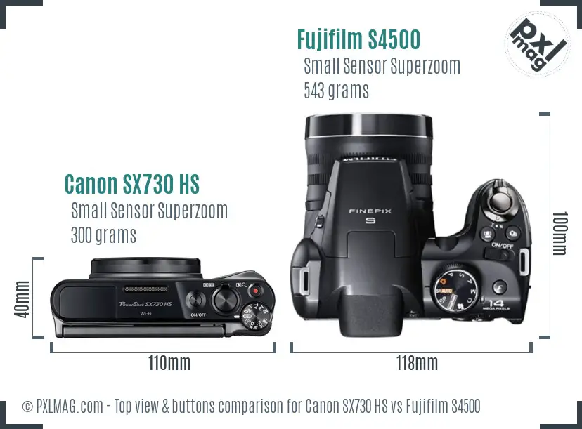 Canon SX730 HS vs Fujifilm S4500 top view buttons comparison