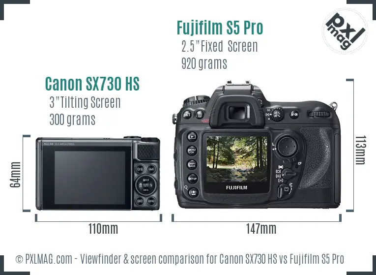 Canon SX730 HS vs Fujifilm S5 Pro Screen and Viewfinder comparison