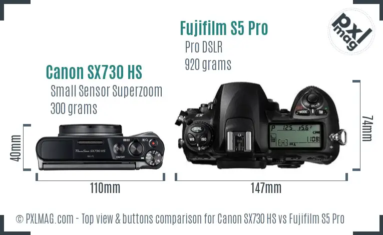 Canon SX730 HS vs Fujifilm S5 Pro top view buttons comparison