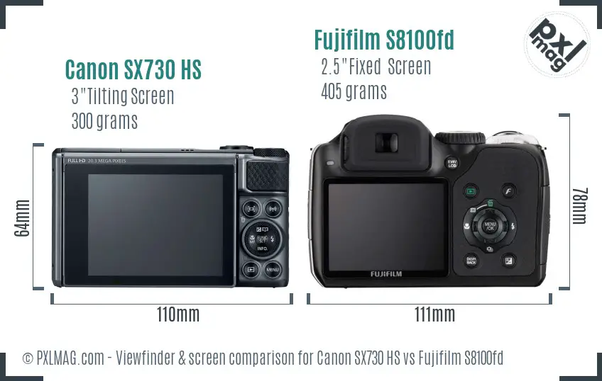 Canon SX730 HS vs Fujifilm S8100fd Screen and Viewfinder comparison