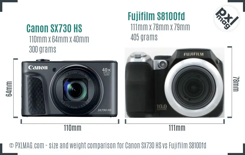 Canon SX730 HS vs Fujifilm S8100fd size comparison