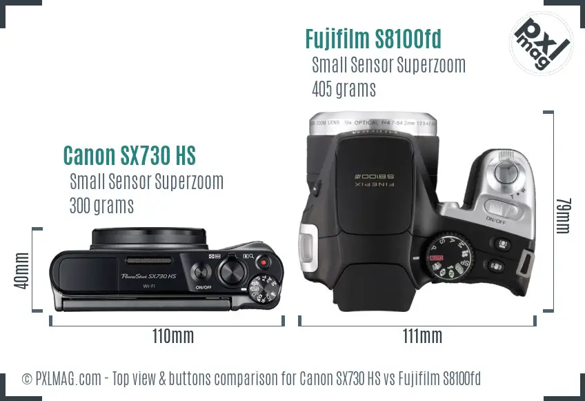 Canon SX730 HS vs Fujifilm S8100fd top view buttons comparison