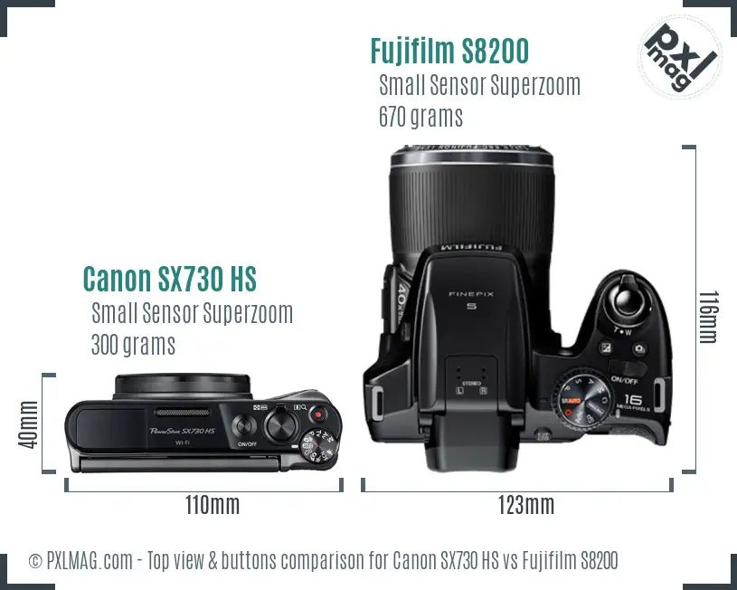 Canon SX730 HS vs Fujifilm S8200 top view buttons comparison