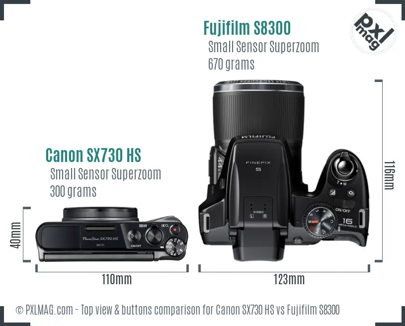 Canon SX730 HS vs Fujifilm S8300 top view buttons comparison