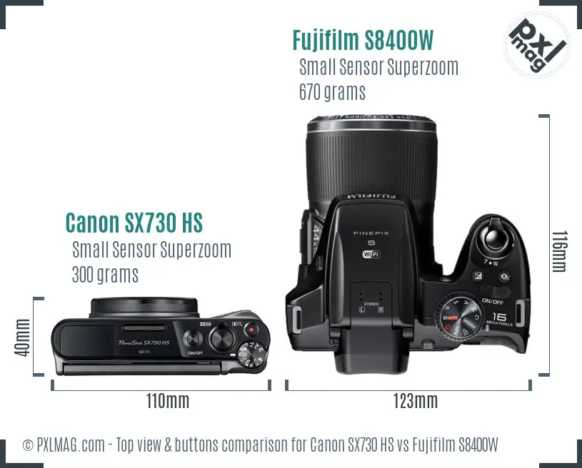Canon SX730 HS vs Fujifilm S8400W top view buttons comparison