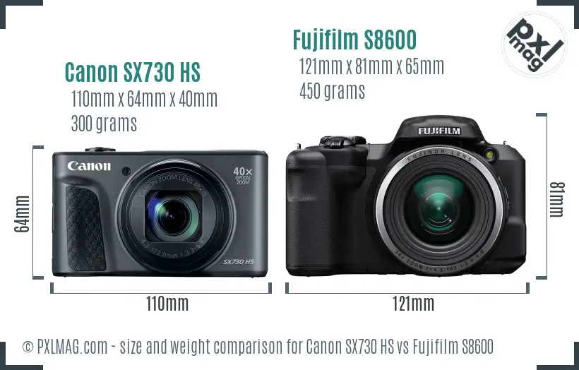 Canon SX730 HS vs Fujifilm S8600 size comparison