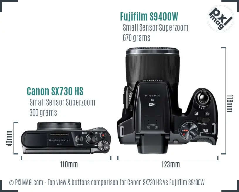 Canon SX730 HS vs Fujifilm S9400W top view buttons comparison Canon SX730 HS vs Fujifilm S9400W top view buttons comparison