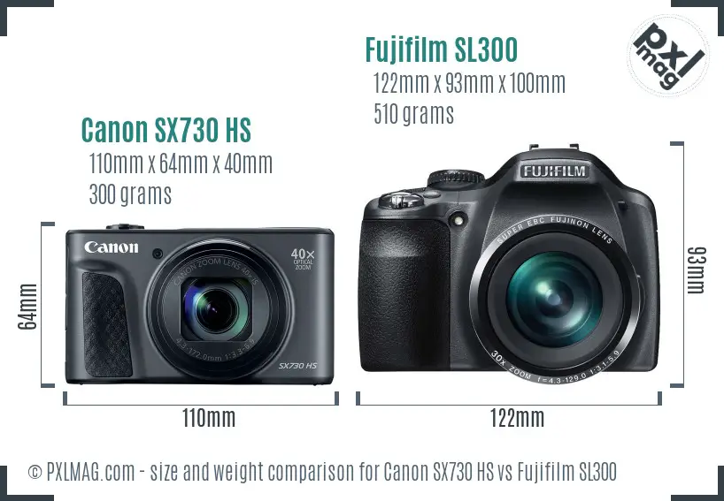 Canon SX730 HS vs Fujifilm SL300 size comparison