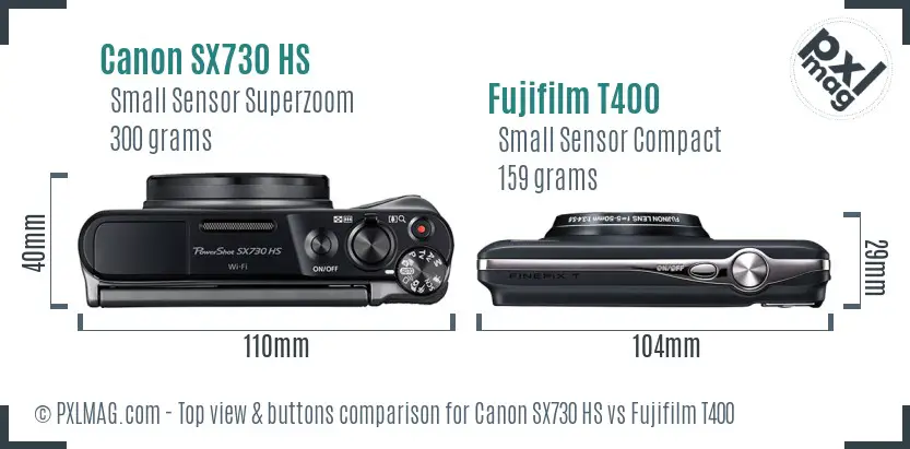 Canon SX730 HS vs Fujifilm T400 top view buttons comparison Canon SX730 HS vs Fujifilm T400 top view buttons comparison