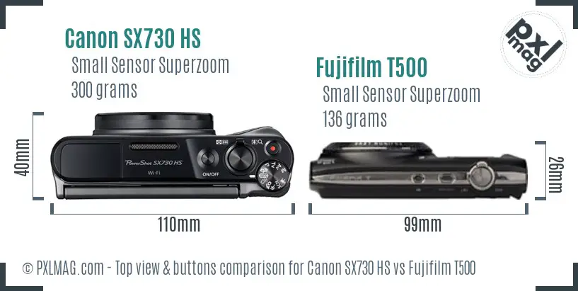 Canon SX730 HS vs Fujifilm T500 top view buttons comparison