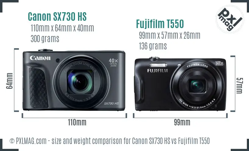 Canon SX730 HS vs Fujifilm T550 size comparison