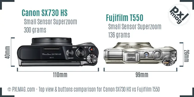 Canon SX730 HS vs Fujifilm T550 top view buttons comparison