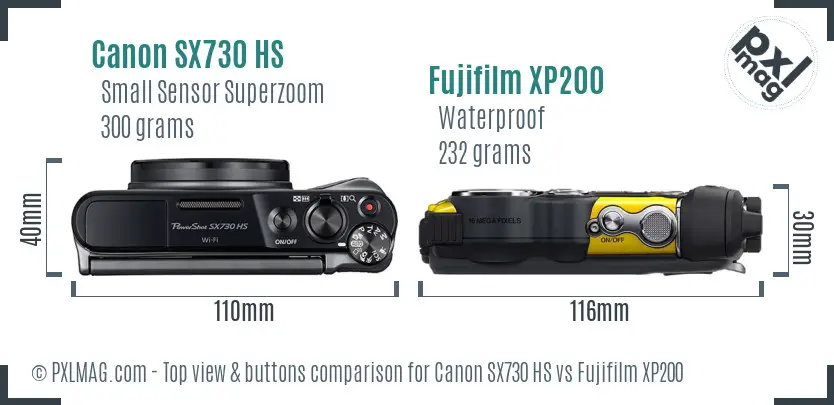 Canon SX730 HS vs Fujifilm XP200 top view buttons comparison