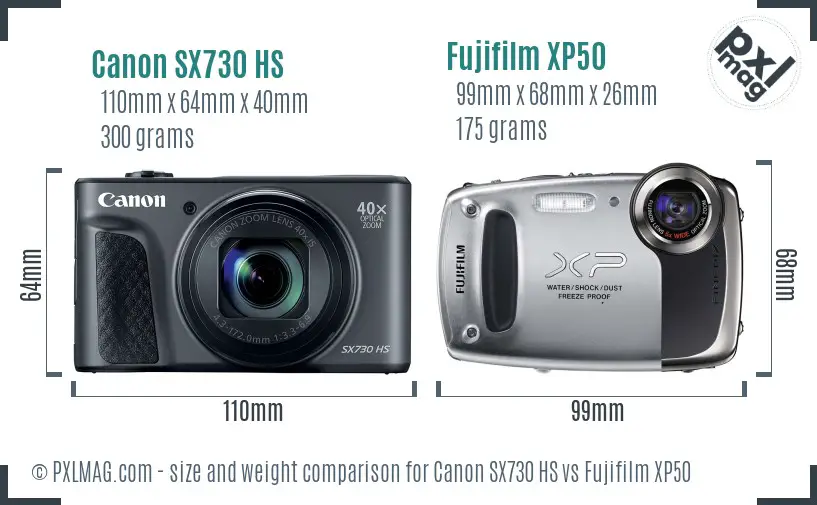 Canon SX730 HS vs Fujifilm XP50 size comparison