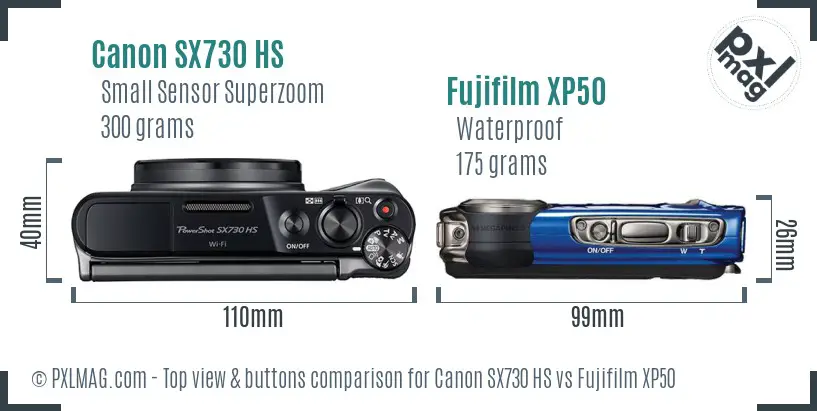 Canon SX730 HS vs Fujifilm XP50 top view buttons comparison