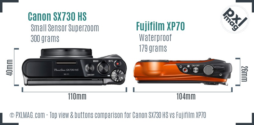 Canon SX730 HS vs Fujifilm XP70 top view buttons comparison