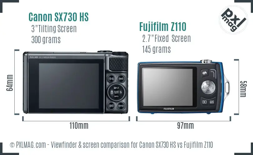 Canon SX730 HS vs Fujifilm Z110 Screen and Viewfinder comparison
