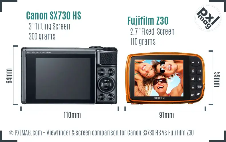 Canon SX730 HS vs Fujifilm Z30 Screen and Viewfinder comparison