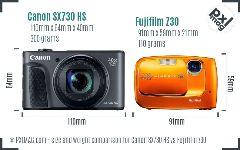 Canon SX730 HS vs Fujifilm Z30 size comparison