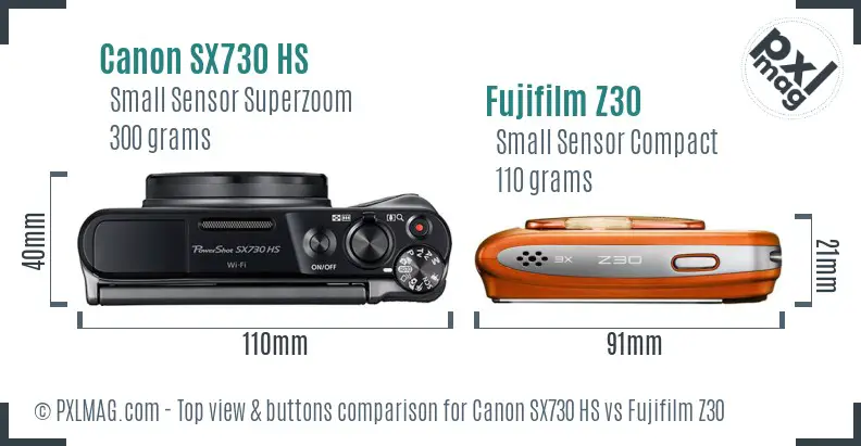 Canon SX730 HS vs Fujifilm Z30 top view buttons comparison