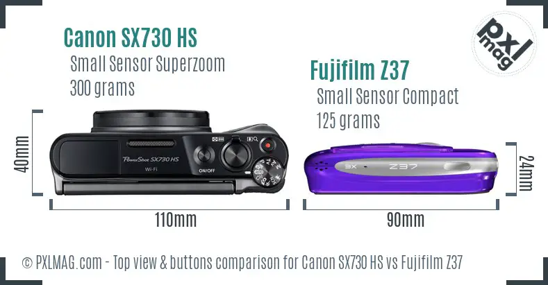 Canon SX730 HS vs Fujifilm Z37 top view buttons comparison Canon SX730 HS vs Fujifilm Z37 top view buttons comparison