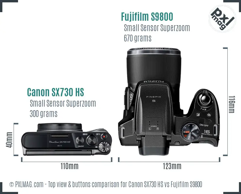 Canon SX730 HS vs Fujifilm S9800 top view buttons comparison