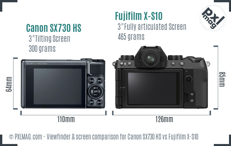 Canon SX730 HS vs Fujifilm X-S10 Screen and Viewfinder comparison