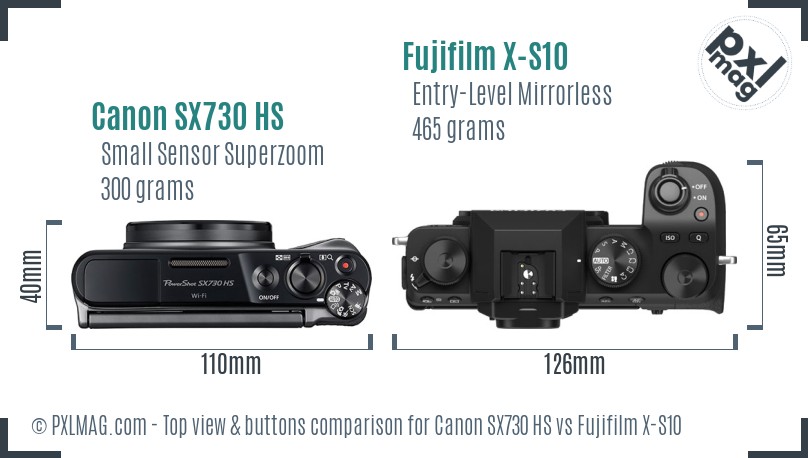 Canon SX730 HS vs Fujifilm X-S10 top view buttons comparison