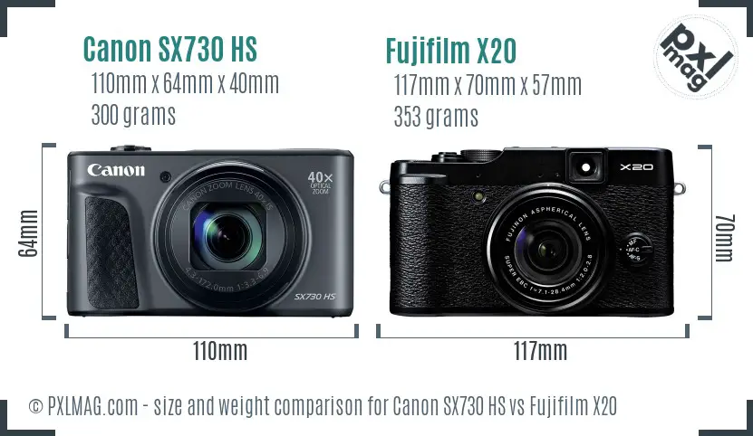 Canon SX730 HS vs Fujifilm X20 size comparison