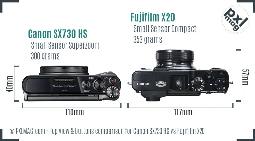 Canon SX730 HS vs Fujifilm X20 top view buttons comparison