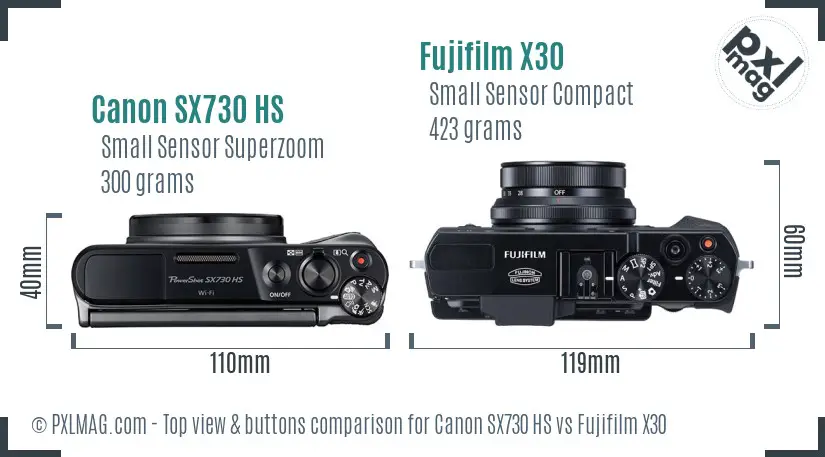 Canon SX730 HS vs Fujifilm X30 top view buttons comparison Canon SX730 HS vs Fujifilm X30 top view buttons comparison