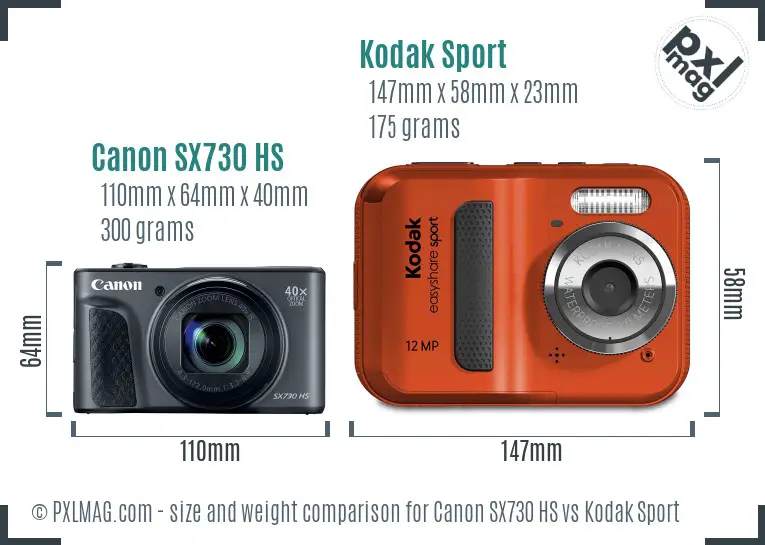 Canon SX730 HS vs Kodak Sport size comparison