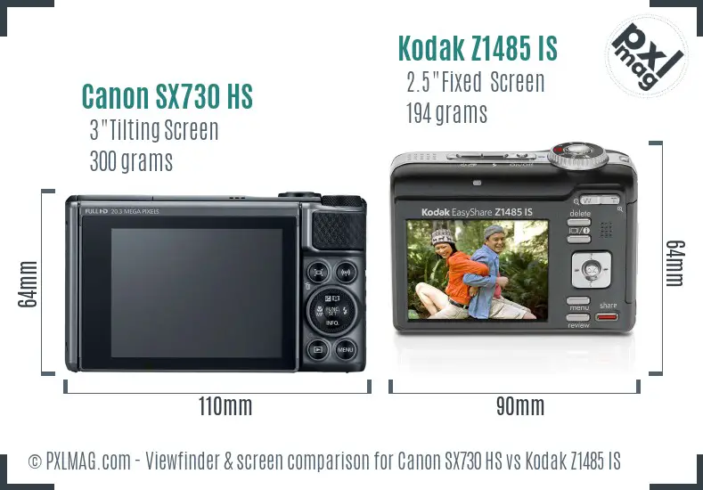Canon SX730 HS vs Kodak Z1485 IS Screen and Viewfinder comparison