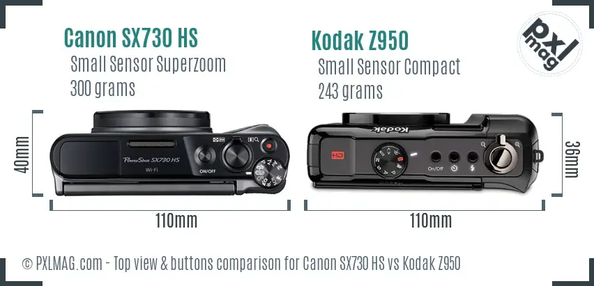 Canon SX730 HS vs Kodak Z950 top view buttons comparison Canon SX730 HS vs Kodak Z950 top view buttons comparison