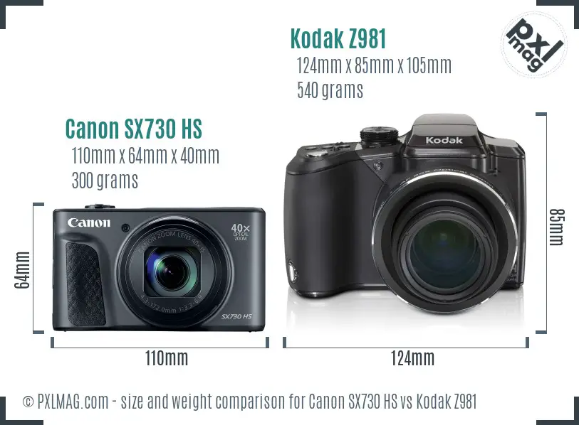 Canon SX730 HS vs Kodak Z981 size comparison