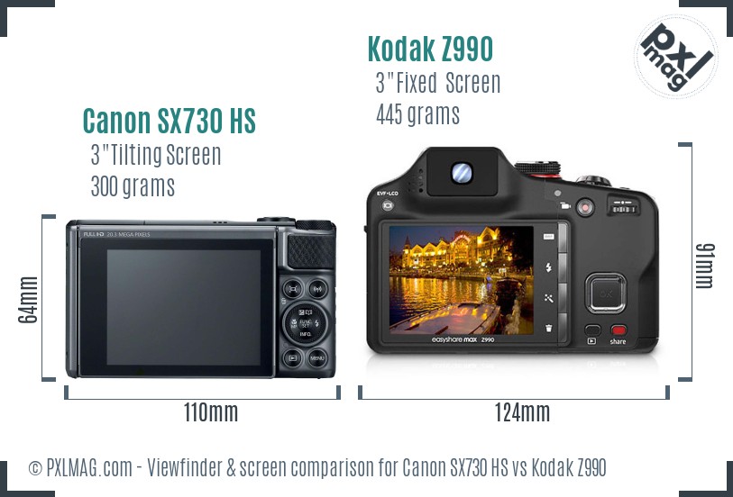Canon SX730 HS vs Kodak Z990 Screen and Viewfinder comparison