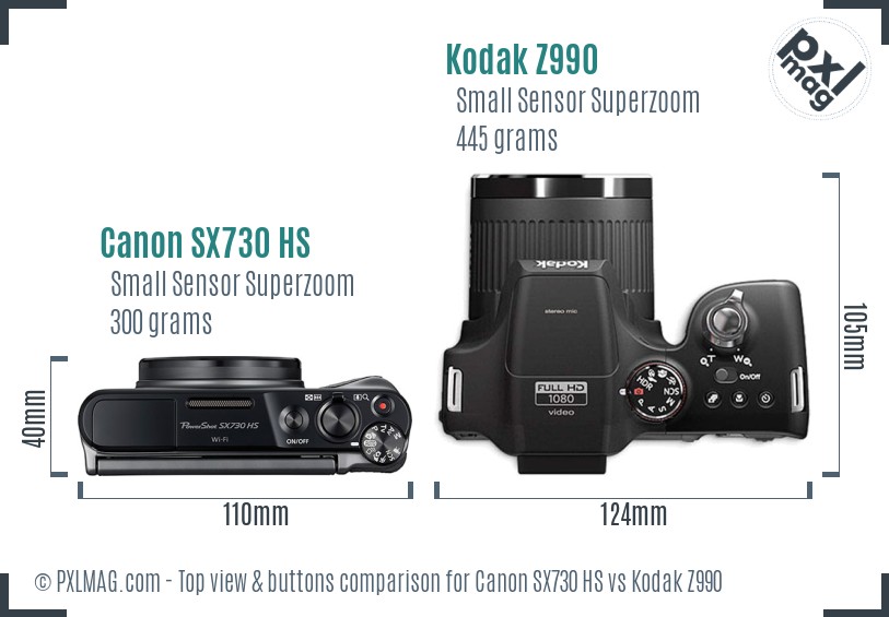 Canon SX730 HS vs Kodak Z990 top view buttons comparison