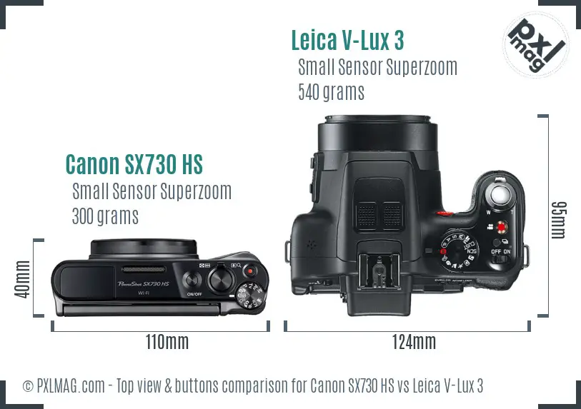 Canon SX730 HS vs Leica V-Lux 3 top view buttons comparison Canon SX730 HS vs Leica V-Lux 3 top view buttons comparison