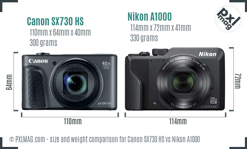 Canon SX730 HS vs Nikon A1000 size comparison