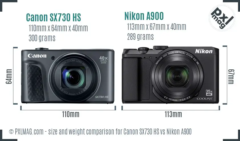 Canon SX730 HS vs Nikon A900 size comparison