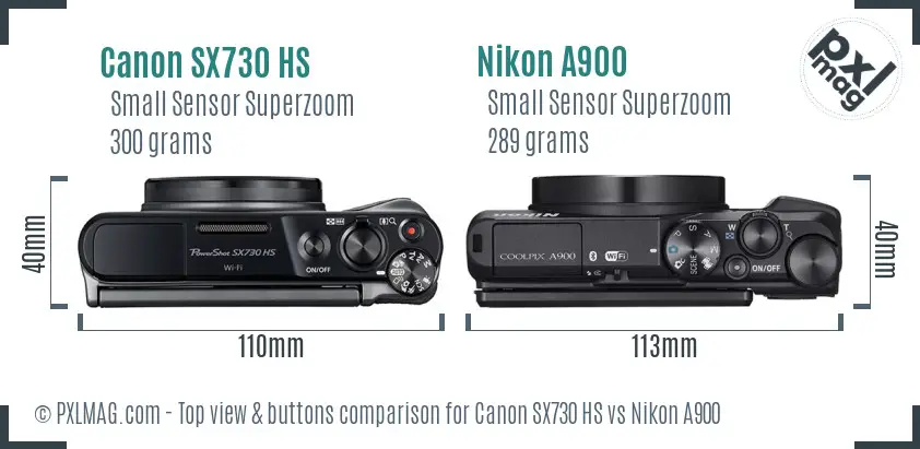 Canon SX730 HS vs Nikon A900 top view buttons comparison