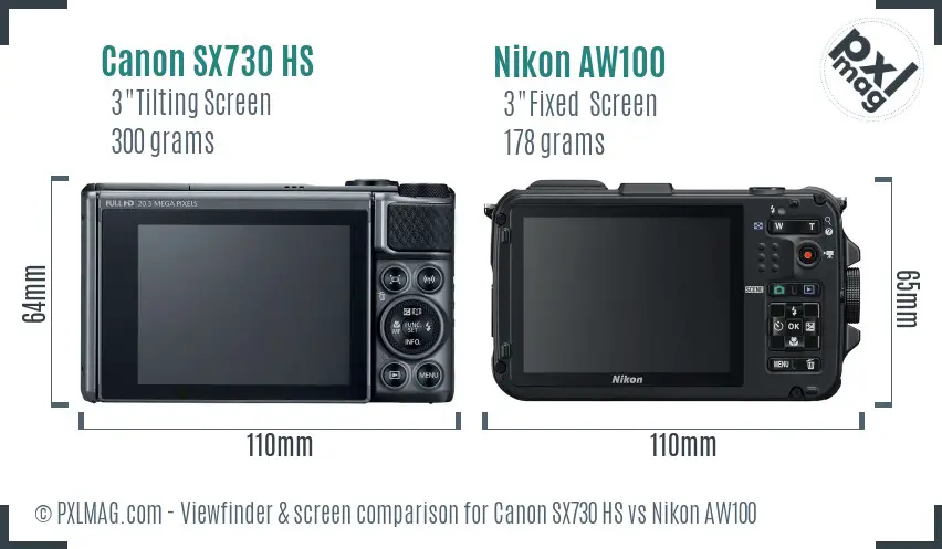 Canon SX730 HS vs Nikon AW100 Screen and Viewfinder comparison