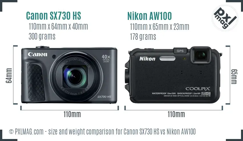 Canon SX730 HS vs Nikon AW100 size comparison