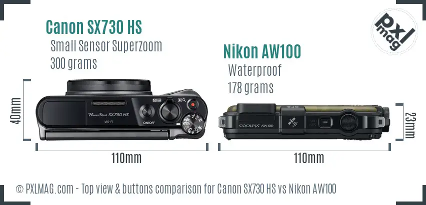 Canon SX730 HS vs Nikon AW100 top view buttons comparison