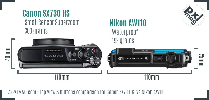 Canon SX730 HS vs Nikon AW110 top view buttons comparison
